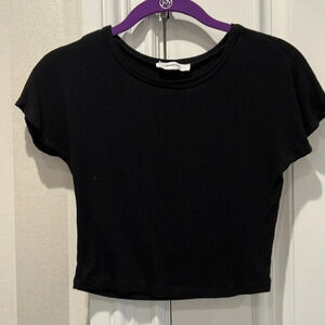 Hashtag Black Ribbed Crop Tee